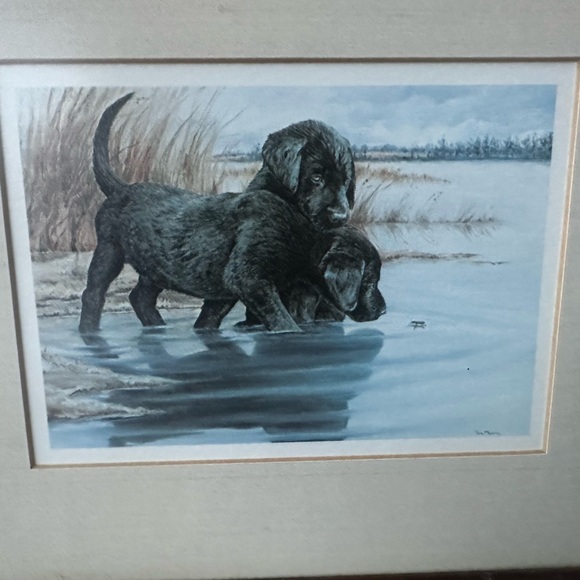 Vintage Tara Moore Lab Pups Framed Print 2 Labrador Puppies and water bug Signed - Picture 3 of 14